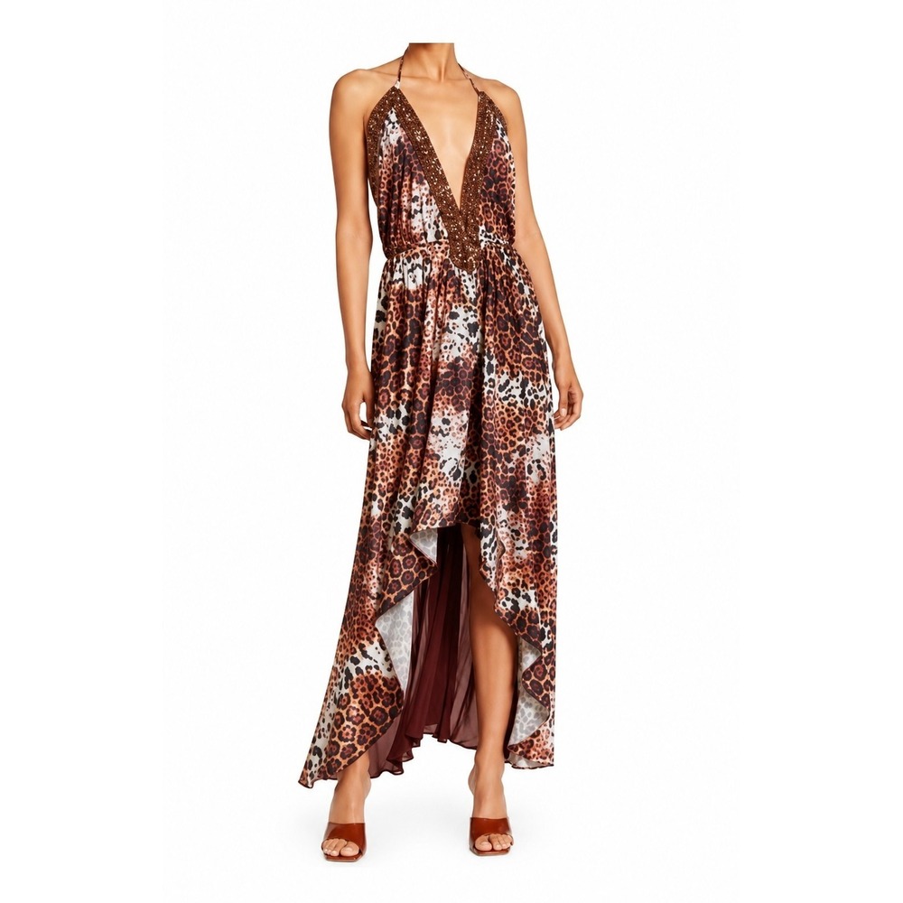 SHAHIDA PARIDES NWT 3Way Convertible Print Silk Maxi Leopard Mobwife Plunge Neck